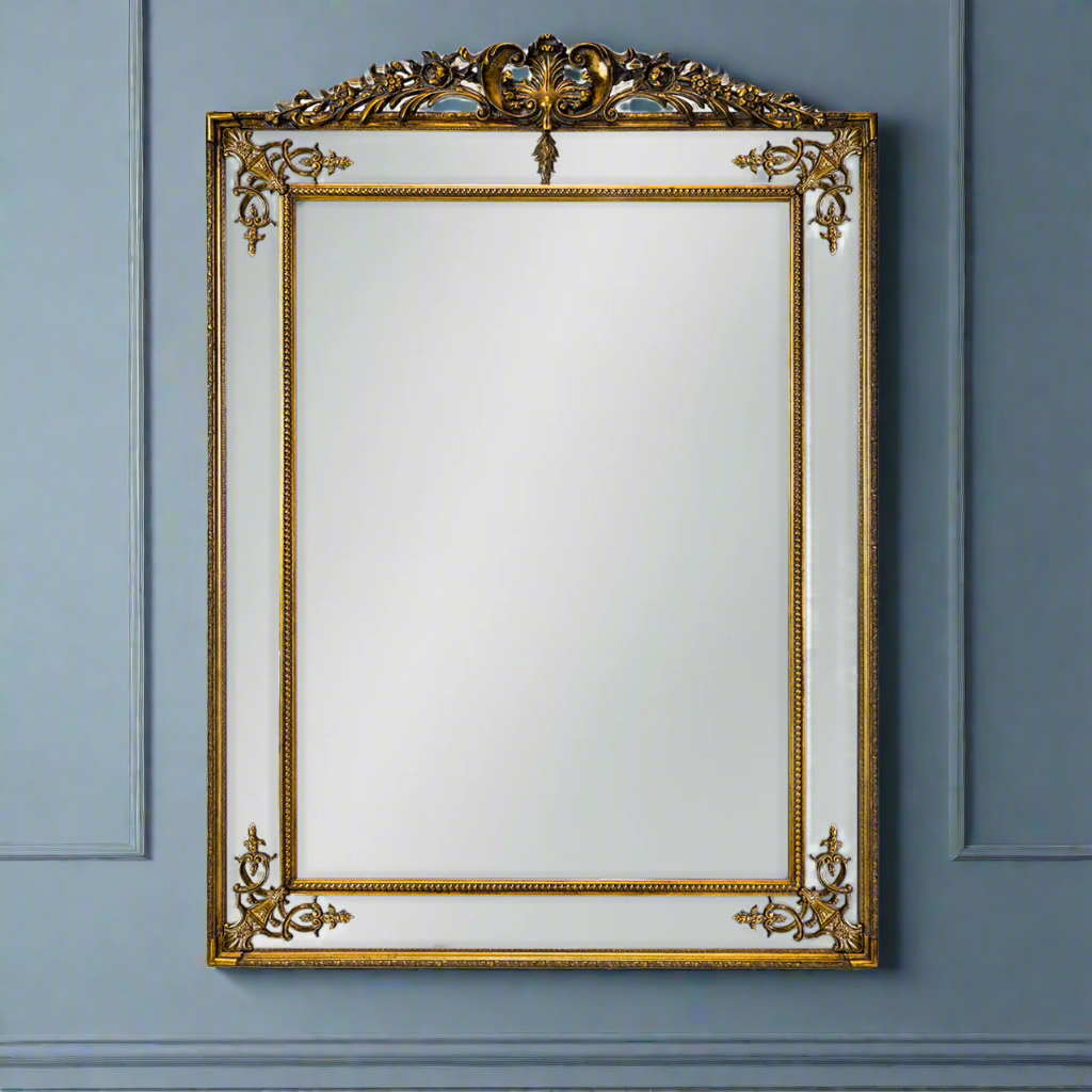 Exceptionally stunning statement mirror in gold, with beveled glass panels, gilt crown and corner gilt appliques. A giant mirror which will brighten and lighten any room.  A classic gilt finish with corner motifs and long crested top just add to the antique luxury feel of this mirror,