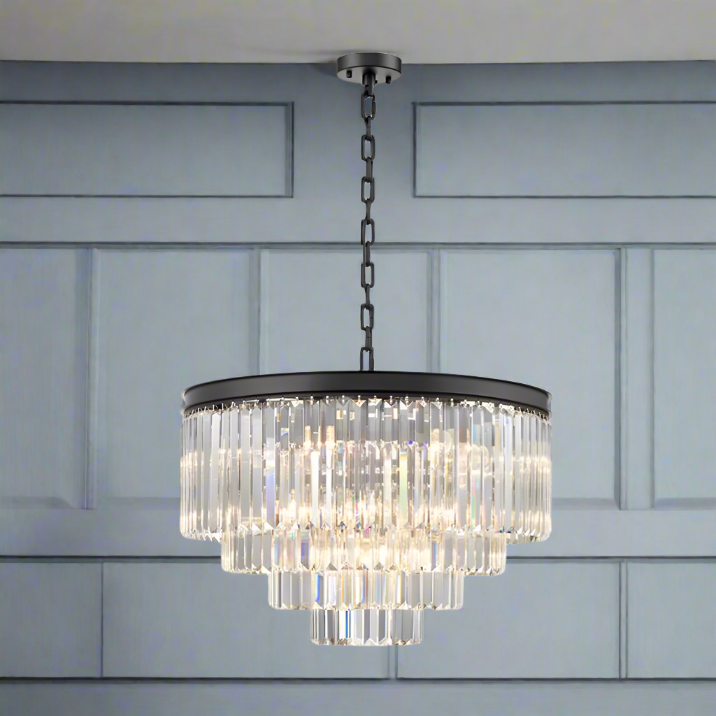 Extra large four tier crystal prism chandelier, beautiful crystal fixture and the black band gives it a contemporary feel. Great over a dining table, would work well in an open kitchen diner.
W: 65 cm Min Drop: 67 cm  Max Drop: 245 cm