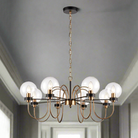 Antique gold curved arm light pendant with eight clear globes, an absolutely stunning pendant, wide enough for the largest room. Perfect for a living room or over a large dining table. 