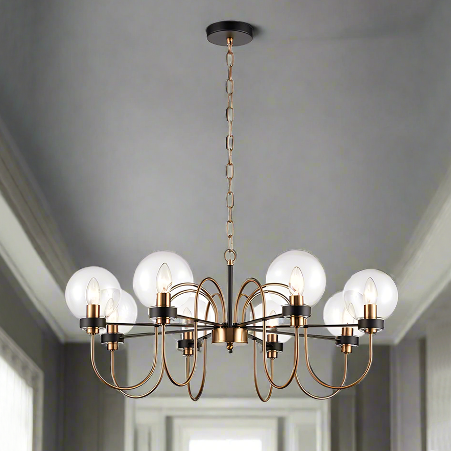 Antique gold curved arm light pendant with eight clear globes, an absolutely stunning pendant, wide enough for the largest room. Perfect for a living room or over a large dining table. 