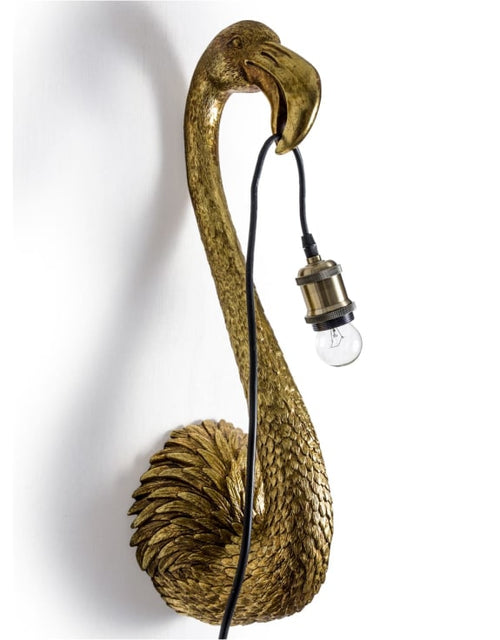 A quirky flamingo wall light for interesting spaces. Featuring antique gold gilt, this fun wall light can be used in combo with a funky filament bulb or you can add your own lampshade. Light bulb is not included so please view our vast range of filament bulbs to choose. H: 60 cm W: 18 cm