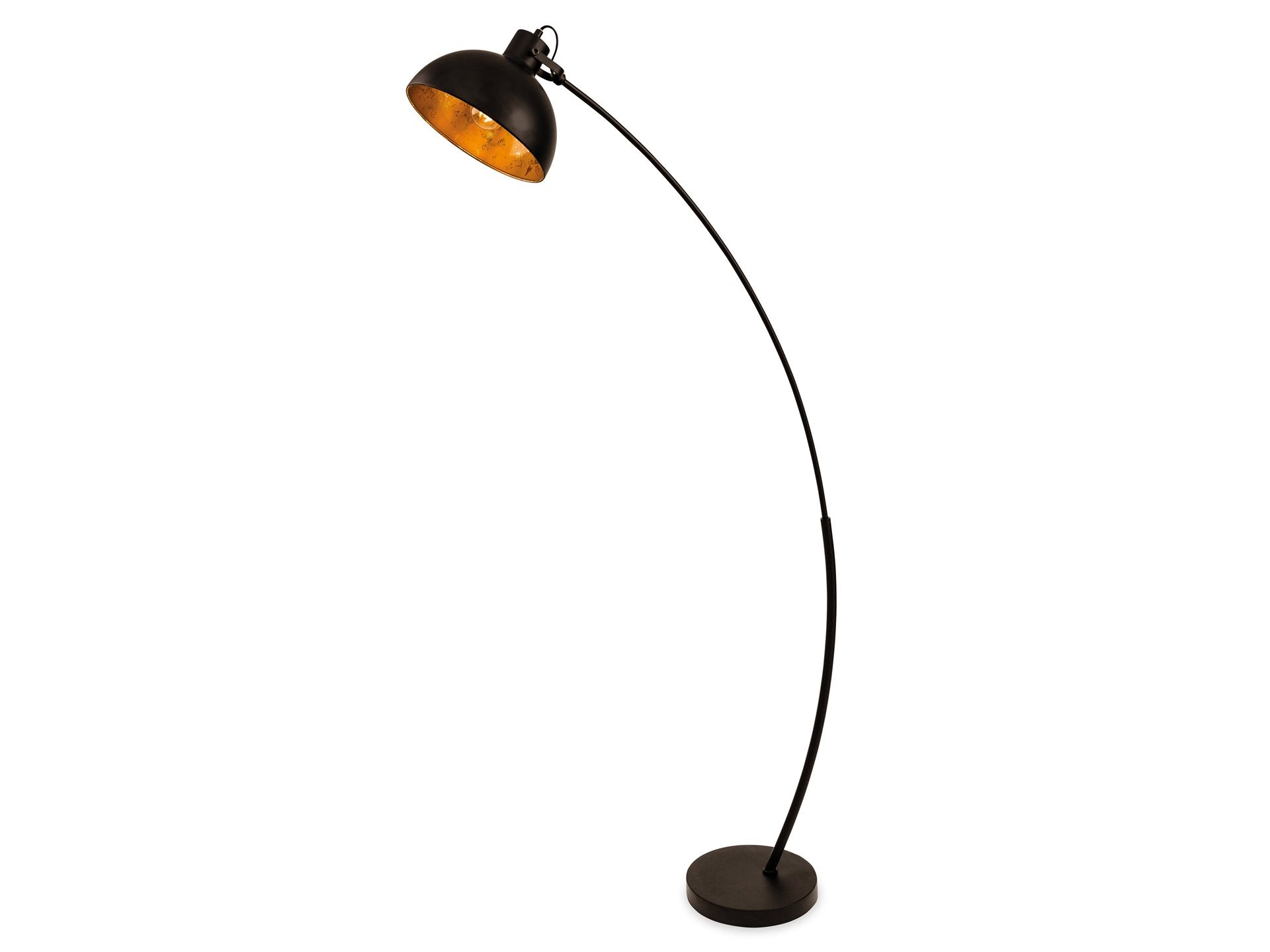 A tall black arc-shaped floor lamp with a black metal shade lined in gold, standing upright on a flat surface.