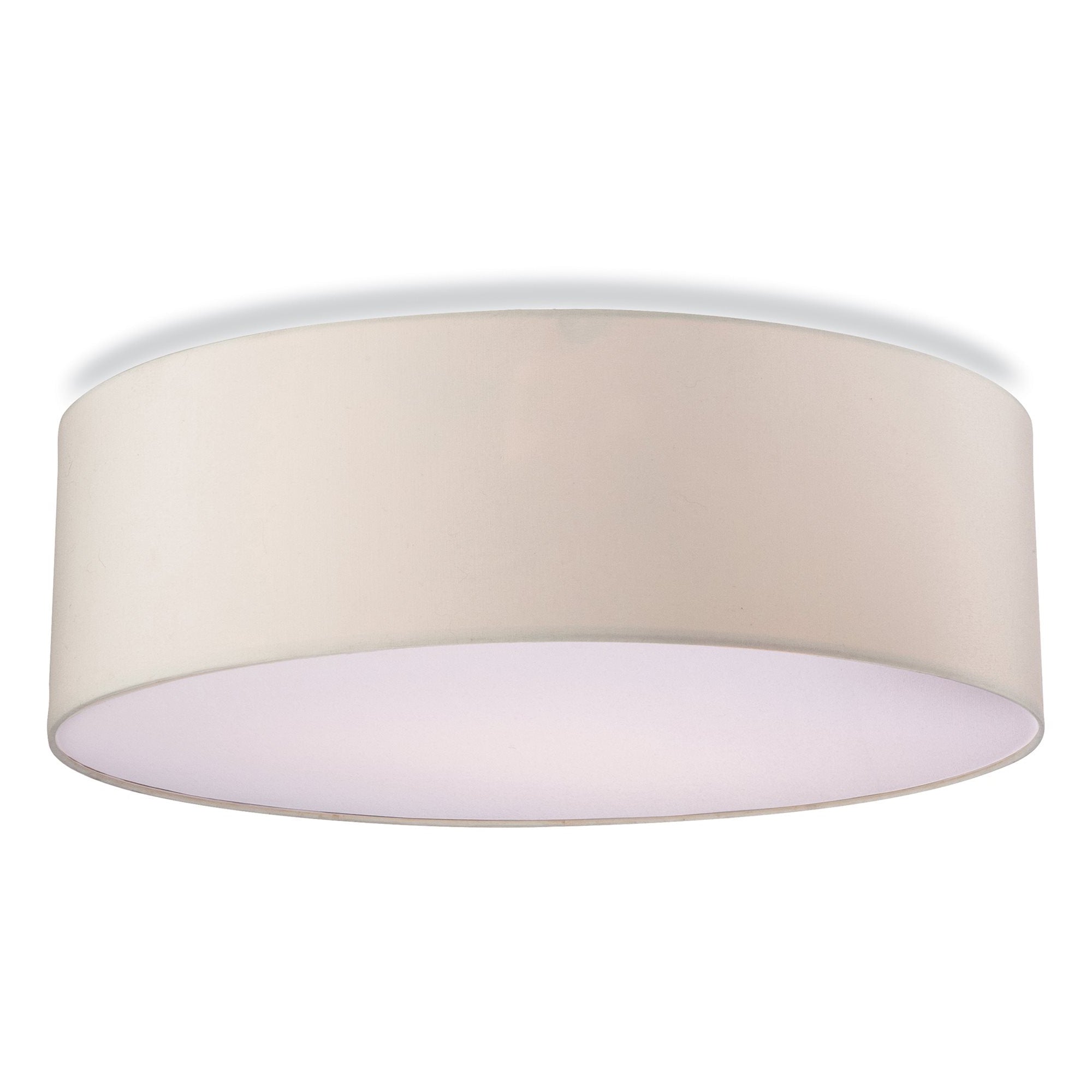 A flush ceiling light with a cream shade and white diffuser, designed to fit tightly to the ceiling creating a glow around its base.