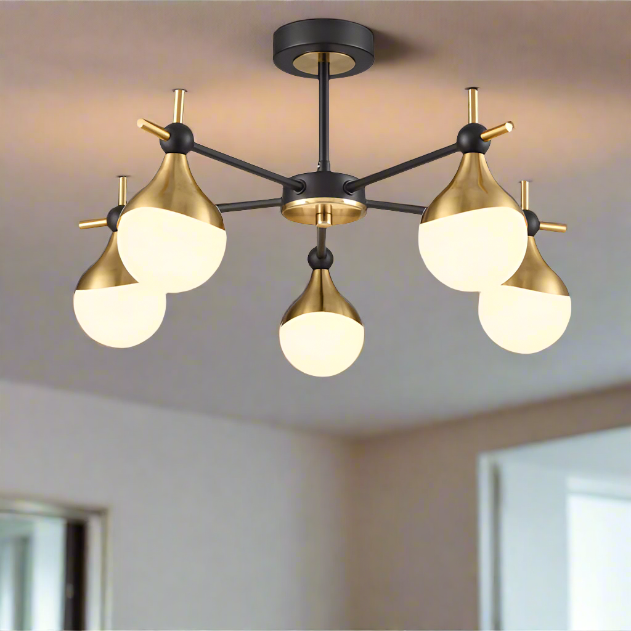 A five light gilt and opaque glass globe light, semi-flush on a back and gilt fixture, stunning mix of colours, for both contemporary and classic settings.  A perfect sitting room light and agreat in any room with a lower ceiling height.