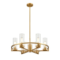 Stunning gilt metal chandelier with 6 cylindrical ribbed tube lights. The height is adjusted by 4 rods (included with product). 2 at 30.5 cm, 2 at 15.5cm. An unusual take on the classic 6 branch chandelier, perfect in a contemporary setting, for your living room or hall. 