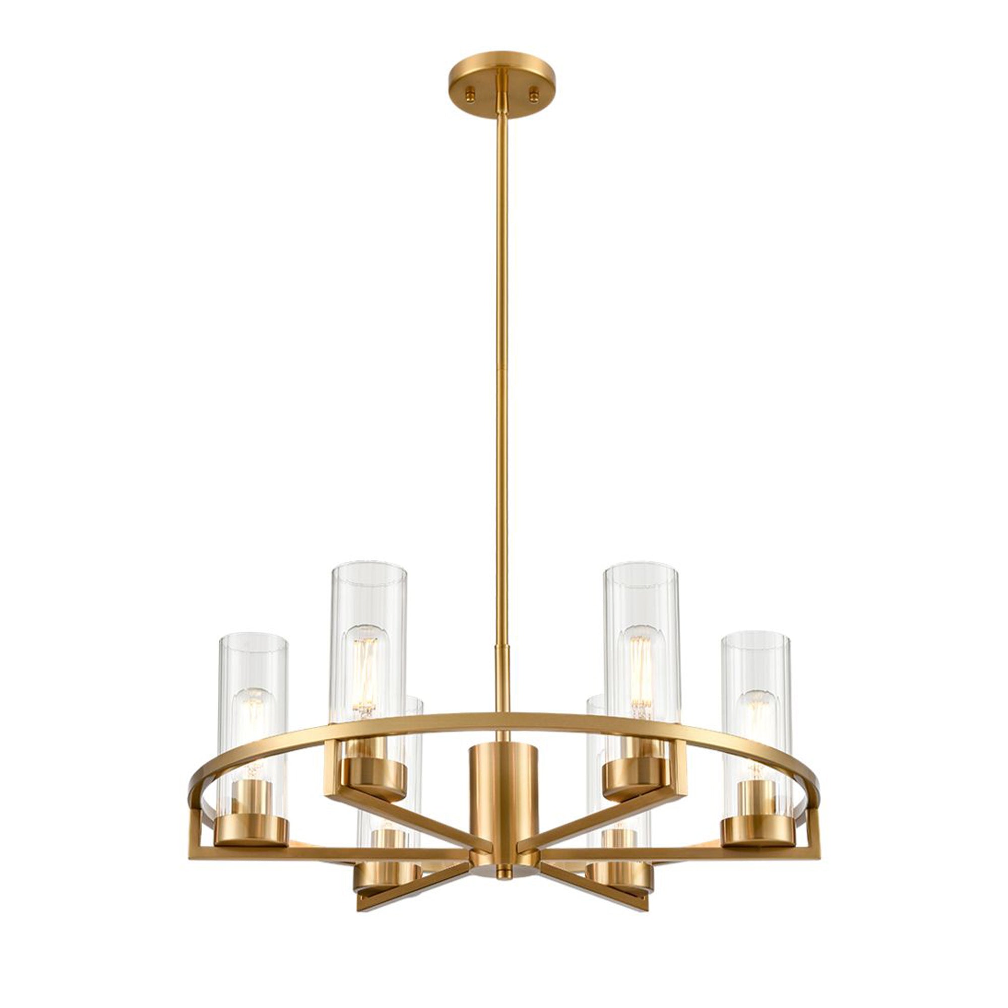 Stunning gilt metal chandelier with 6 cylindrical ribbed tube lights. The height is adjusted by 4 rods (included with product). 2 at 30.5 cm, 2 at 15.5cm. An unusual take on the classic 6 branch chandelier, perfect in a contemporary setting, for your living room or hall. 