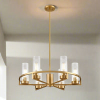 Stunning gilt metal chandelier with 6 cylindrical ribbed tube lights. The height is adjusted by 4 rods (included with product). 2 at 30.5 cm, 2 at 15.5cm. An unusual take on the classic 6 branch chandelier, perfect in a contemporary setting, for your living room or hall. 
