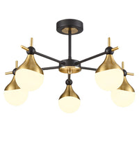 A five light gilt and opaque glass globe light, semi-flush on a back and gilt fixture, stunning mix of colours, for both contemporary and classic settings.  A perfect sitting room light and great in any room with a lower ceiling height.  These work well in an office or library, small bedroom, perfect over a dining table.