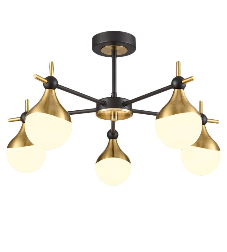 A five light gilt and opaque glass globe light, semi-flush on a back and gilt fixture, stunning mix of colours, for both contemporary and classic settings.  A perfect sitting room light and great in any room with a lower ceiling height.  These work well in an office or library, small bedroom, perfect over a dining table.