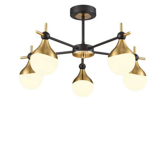 A five light gilt and opaque glass globe light, semi-flush on a back and gilt fixture, stunning mix of colours, for both contemporary and classic settings.  A perfect sitting room light and great in any room with a lower ceiling height.  These work well in an office or library, small bedroom, perfect over a dining table.