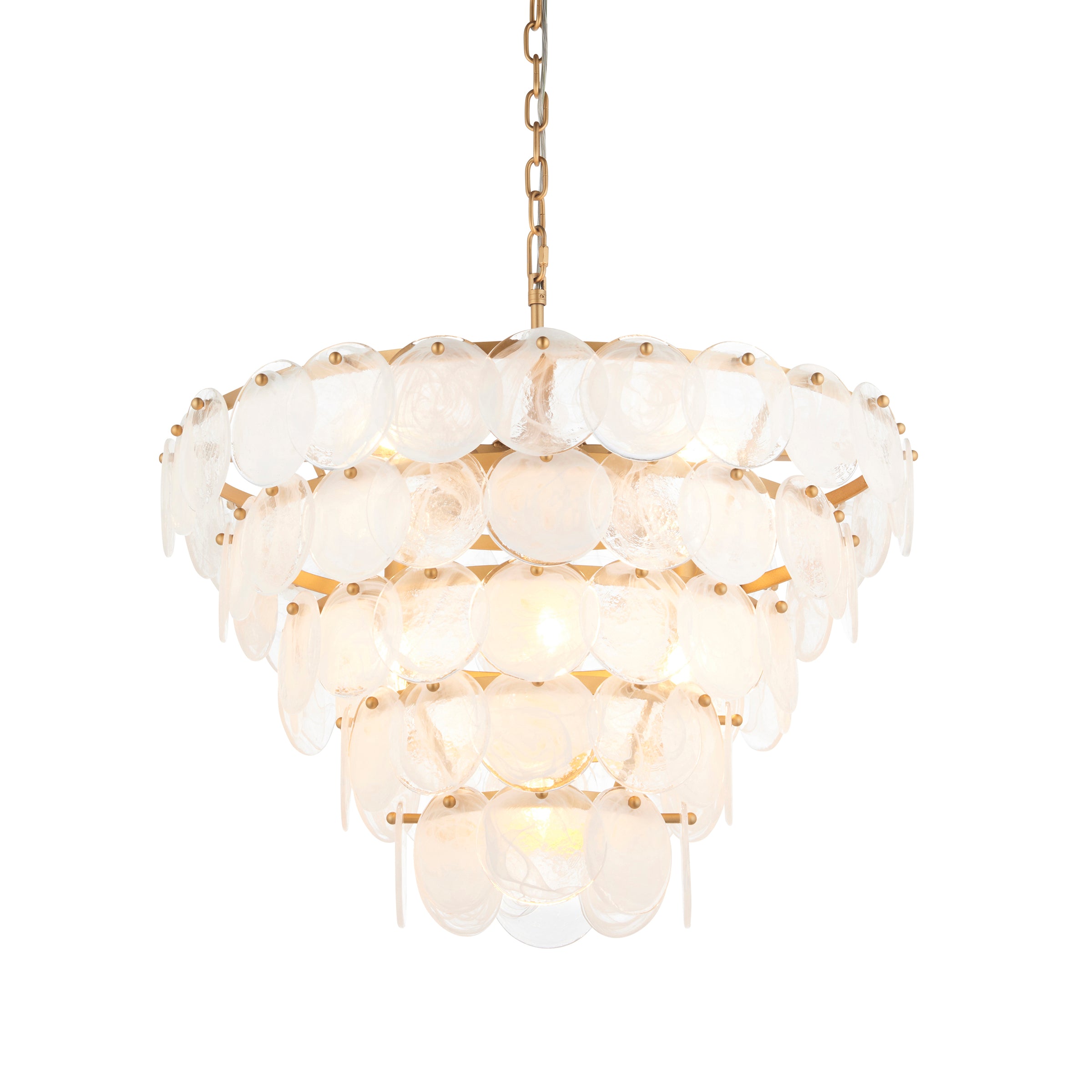 Gilt framed tiered white and glass disc chandelier. Unusual design with a mixture of white and clear glass discs cascading from the antique gold metal frame. A large statement chandelier for your living space.  This would be a great bedroom chandelier.