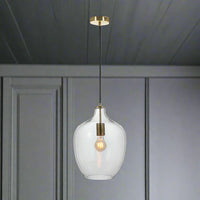 Glass pendant with subtle bubble effect to the glass and pale gilt metal accents. Large enough for any room giving a stunning glow when teamed with a filament bulb.
