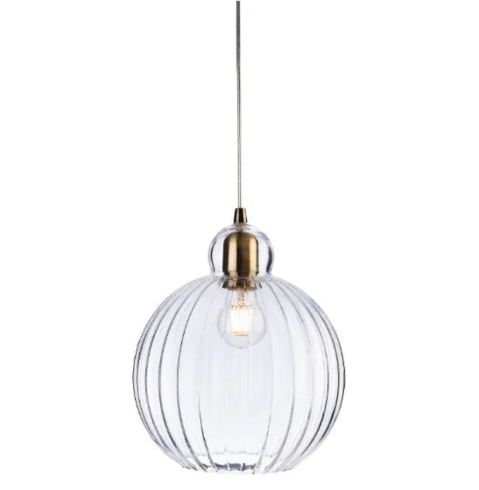 Antique Brass & Ribbed Glass Round Pendant Light