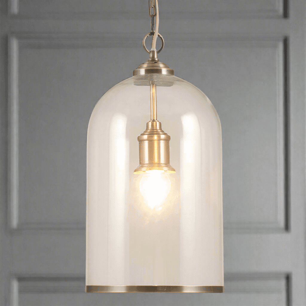A great glass pendant with Brass or Nickel rim at the Base and same colour ceiling rose. Perfect hall light
