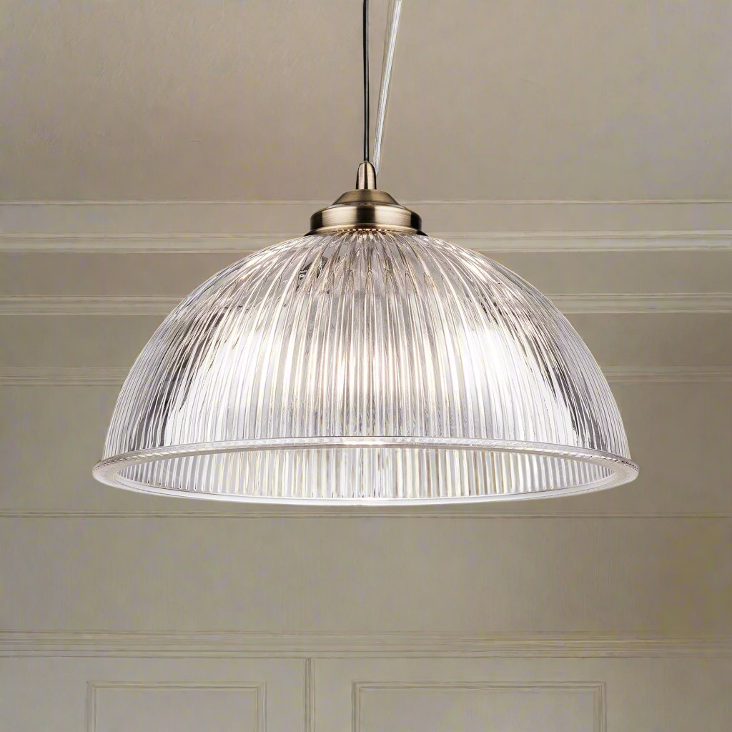 Antique Brass & Ribbed Glass Pendant Light