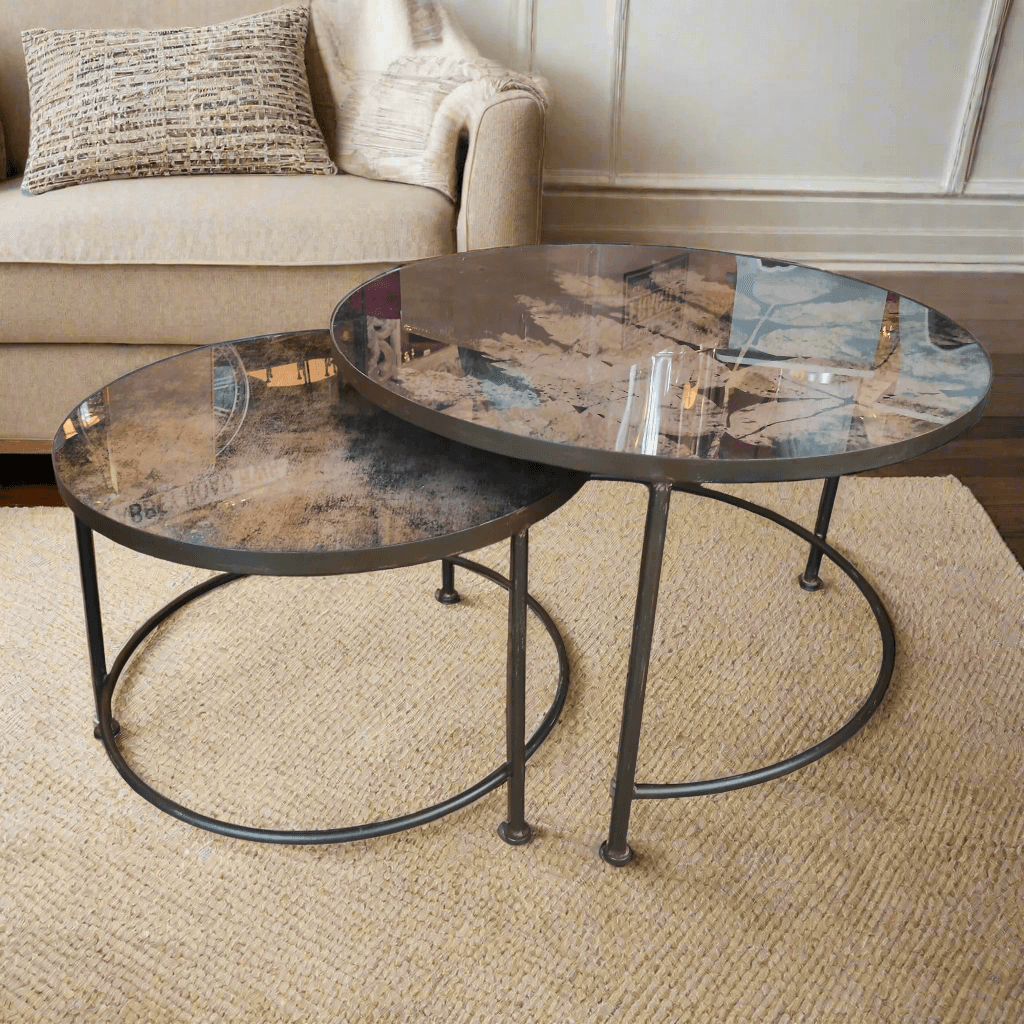 Shop acrylic top round side tables in earthy woodland and lake tones.  Available individually or as a set of two. Perfect size options for versatile room placement.  Blue, gold, green tones with a floral pattern bring an elevated touch of the outdoors into your home.  Beautiful coloured lacquered top in a generous portion that works well as a central coffee table feature.