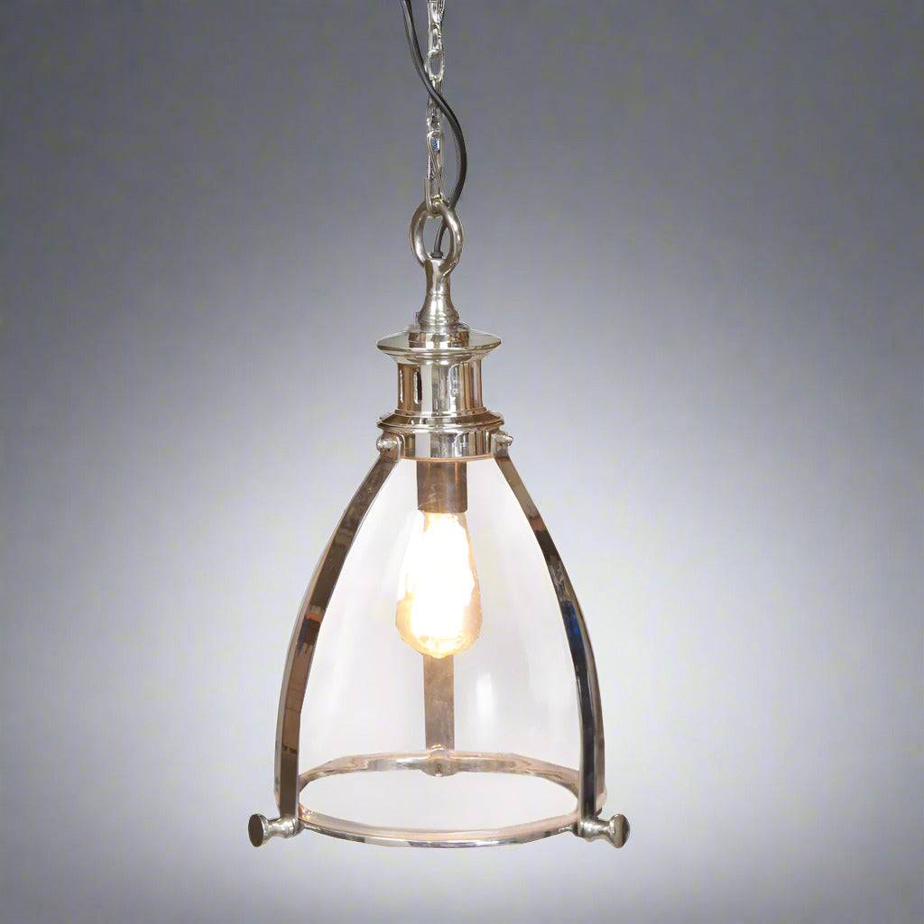 Such a stylish pendant, the glass with copper, nickel or brass bands, exceptional quality and with a great 'Art Nouveau' styling perfect for your hall or kitchen.