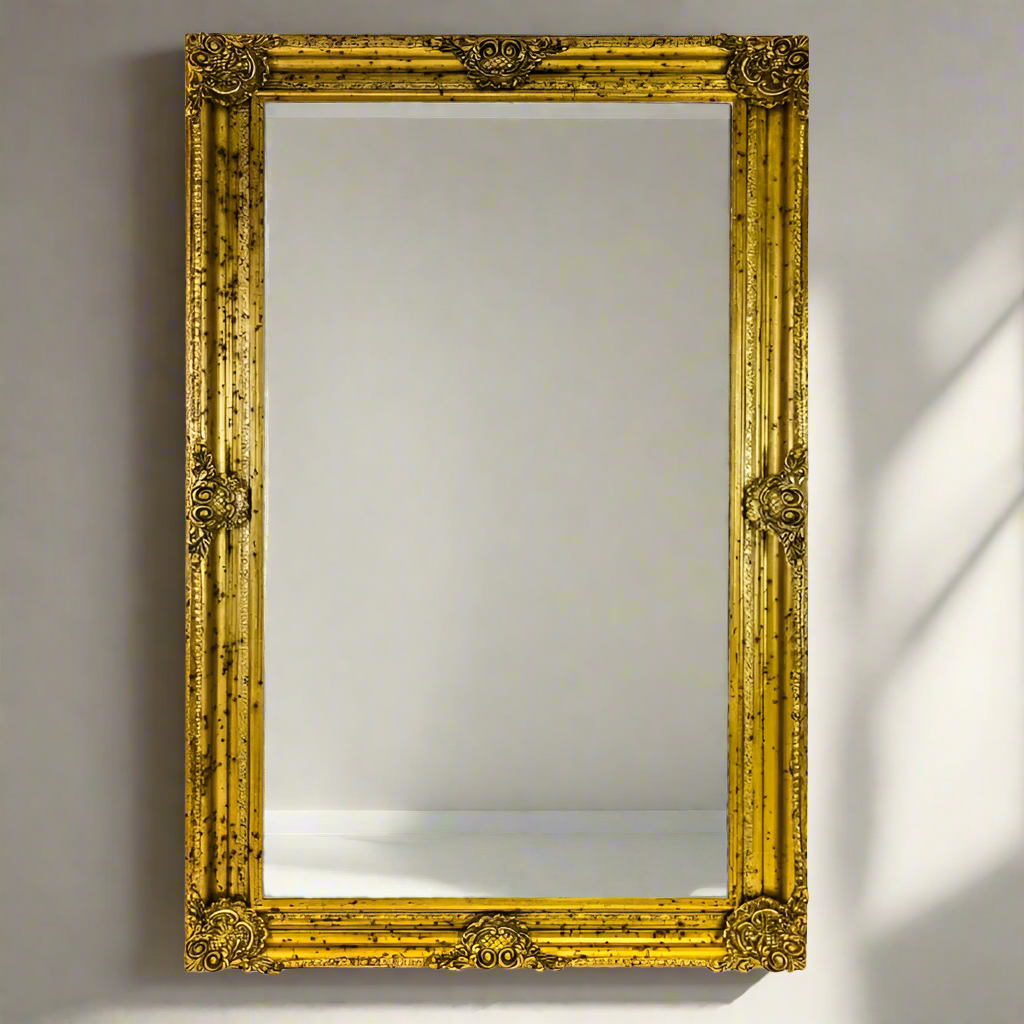 Extremely large, ornate gold framed mirror. A really grand, traditional look. The unique size of this massive mirror will add an enormous amount of light to your wall.  This 'Louis' style of mirror adds an air of grandeur to a period home or leant against a wall in a contemporary hall, bedroom or living space.
H: 240 cm W: 150 cm D: 10 cm