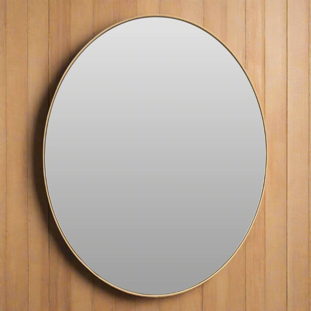 Slim framed gold oval mirror, a sophisticated look in s bathroom or bedroom. The surfact of the mirror is recessed into the slim oval gilt frame, giving a lot of mirror. 