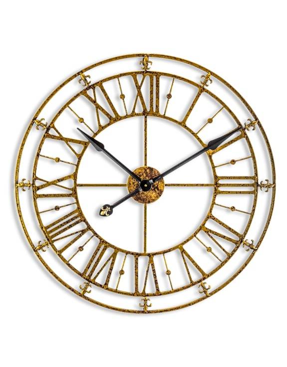 A statement clock finished in an antiqued gold iron metal made to define your wall space. Easy to hang with with just one fixing required.
