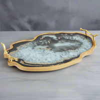 An absolutely stunning agate tray in a black and azure blue colour set in a brushed gold border with gilt styled handles. A perfect gift for the home that has everything.   A touch of luxury on your table or as a luxurious gift !!
