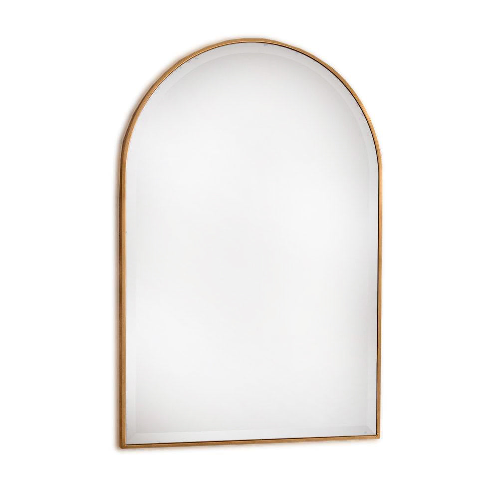 A gold-framed arched mirror with beveled glass.
