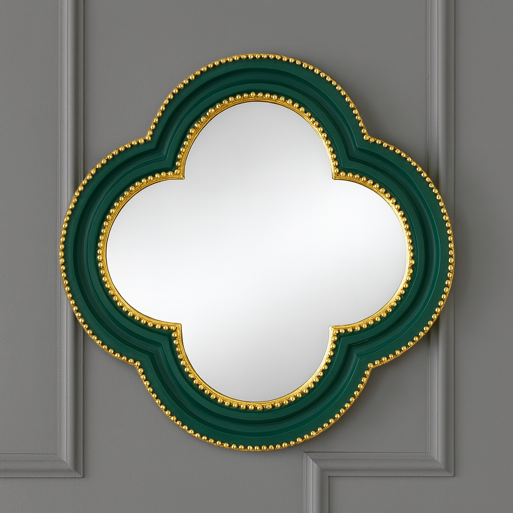 Green & Gilt Beaded Quatrefoil Mirror