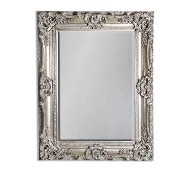 The Gunmetal Silver Ornate Mirror, measuring 118cm by 90cm, offers a sophisticated blend of classic elegance and traditional design.