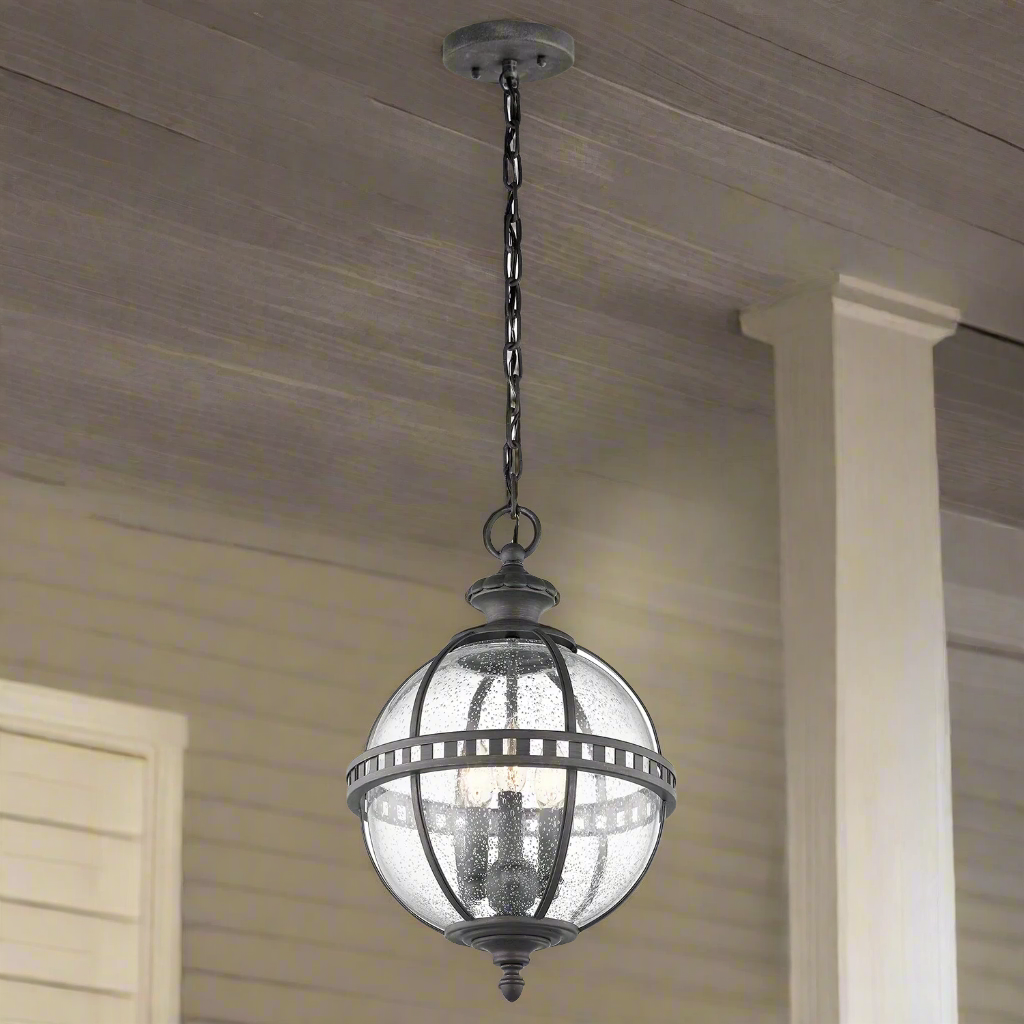 IP 44 Rated black outdoor lantern light with seeded glass detail.