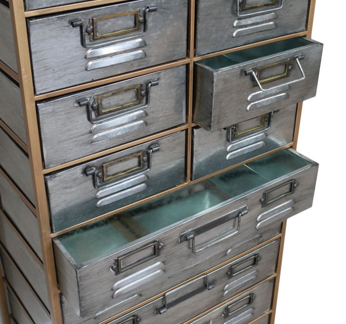Amazing industrial back of drawers, wooden carcass with 10 smaller drawers over  5 larger drawers clad in metal, the epitome of industrial furniture. So useful with a designer edge to give a unique look in any space.