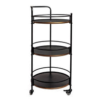 Black metal serving cart with three round shelves on a white background