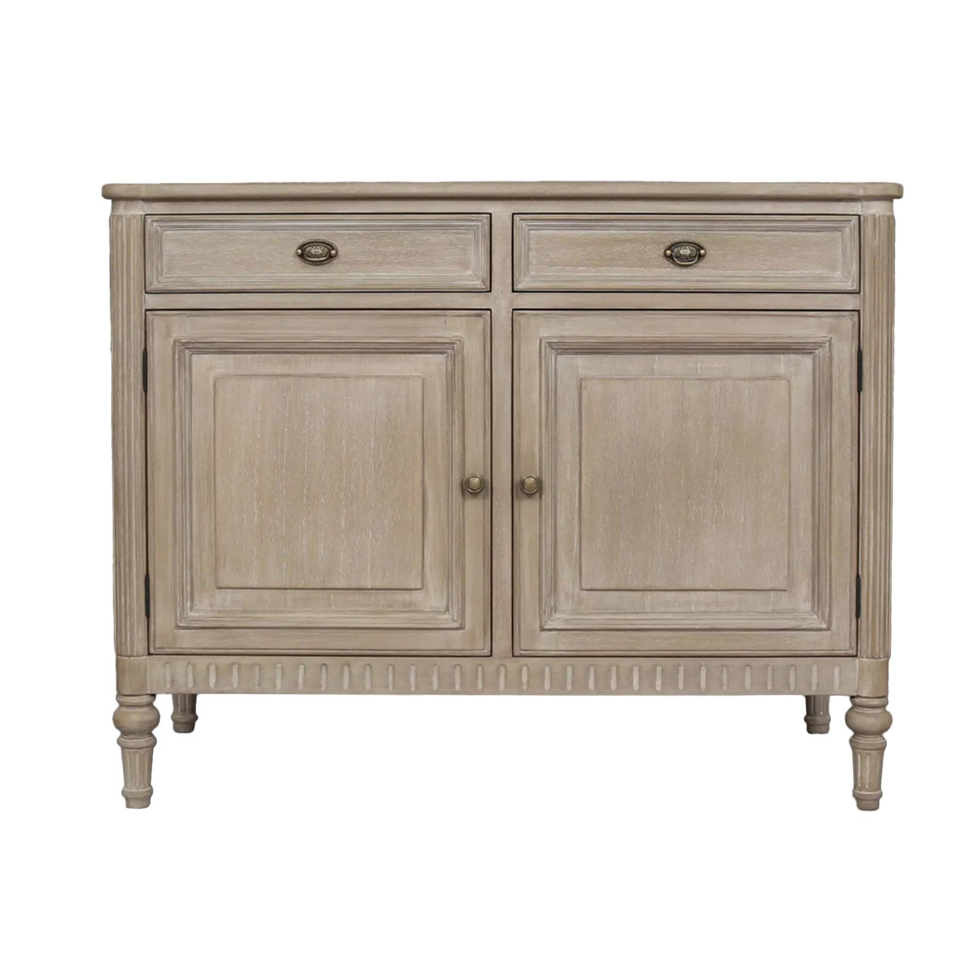 Two drawer and two cabinet doors sideboard. This is a very pretty hardwood piece made from Mindi wood, finished in an ash lime wash veneer finish.
