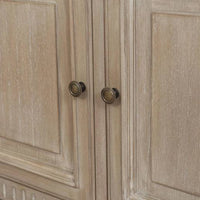 Two drawer and two cabinet doors sideboard. This is a very pretty hardwood piece made from Mindi wood, finished in an ash lime wash veneer finish.