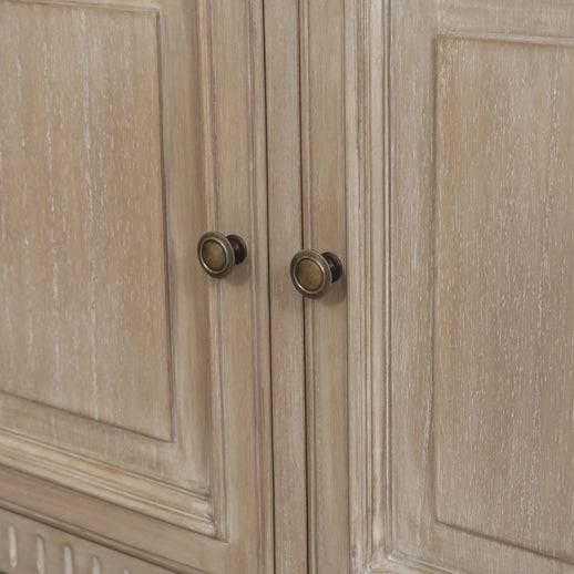 Two drawer and two cabinet doors sideboard. This is a very pretty hardwood piece made from Mindi wood, finished in an ash lime wash veneer finish.