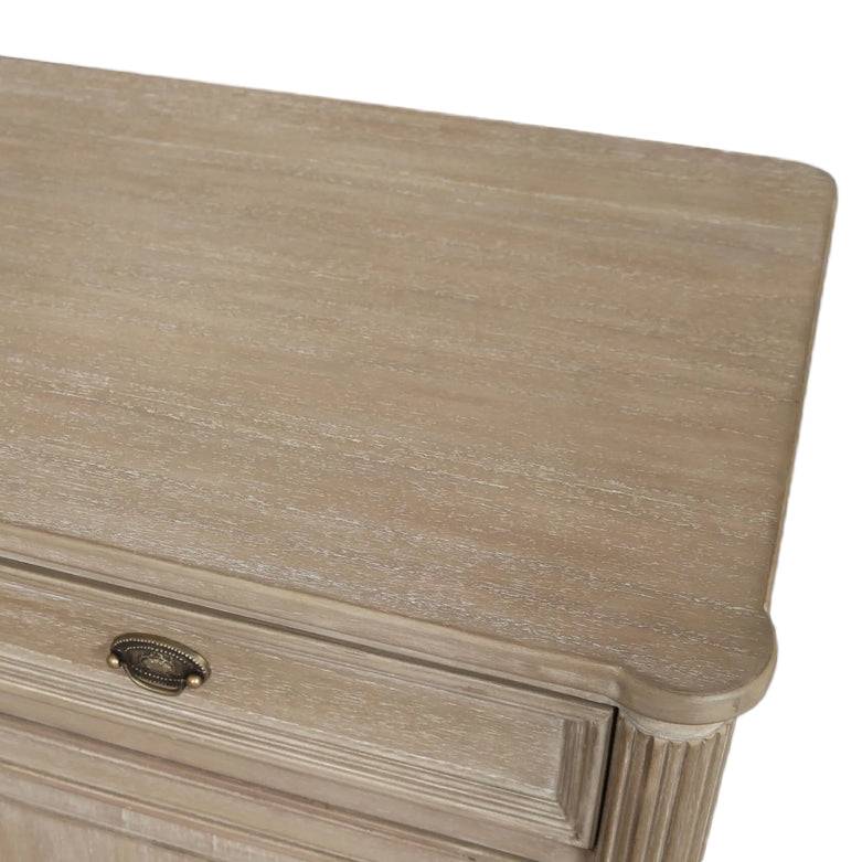 Two drawer and two cabinet doors sideboard. This is a very pretty hardwood piece made from Mindi wood, finished in an ash lime wash veneer finish.