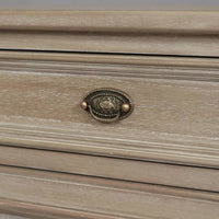 Two drawer and two cabinet doors sideboard. This is a very pretty hardwood piece made from Mindi wood, finished in an ash lime wash veneer finish.