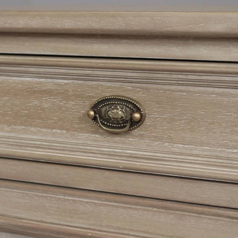 Two drawer and two cabinet doors sideboard. This is a very pretty hardwood piece made from Mindi wood, finished in an ash lime wash veneer finish.