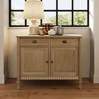 Two drawer and two cabinet doors sideboard. This is a very pretty hardwood piece made from Mindi wood, finished in an ash lime wash veneer finish.