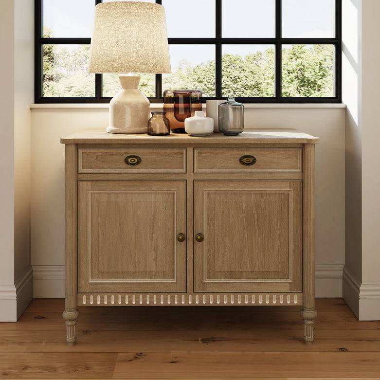 Two drawer and two cabinet doors sideboard. This is a very pretty hardwood piece made from Mindi wood, finished in an ash lime wash veneer finish.
