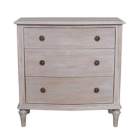 A Beautiful 3 drawer chest. This is a very pretty hardwood piece made from Mindi wood, finished in an ash lime wash veneer finish.