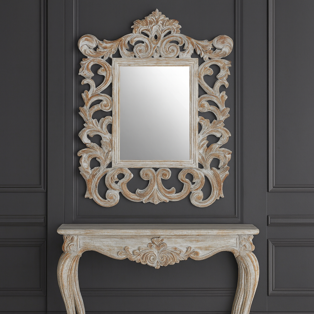 Limewashed Wooden Ornate Mirror H: 112 cm
