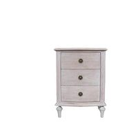 A solid hardwood three draw bedside table made from bleached mahogeny wood with ash veneers in a white wash finish.