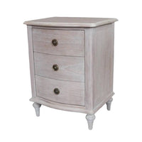 A solid hardwood three draw bedside table made from bleached mahogeny wood with ash veneers in a white wash finish.