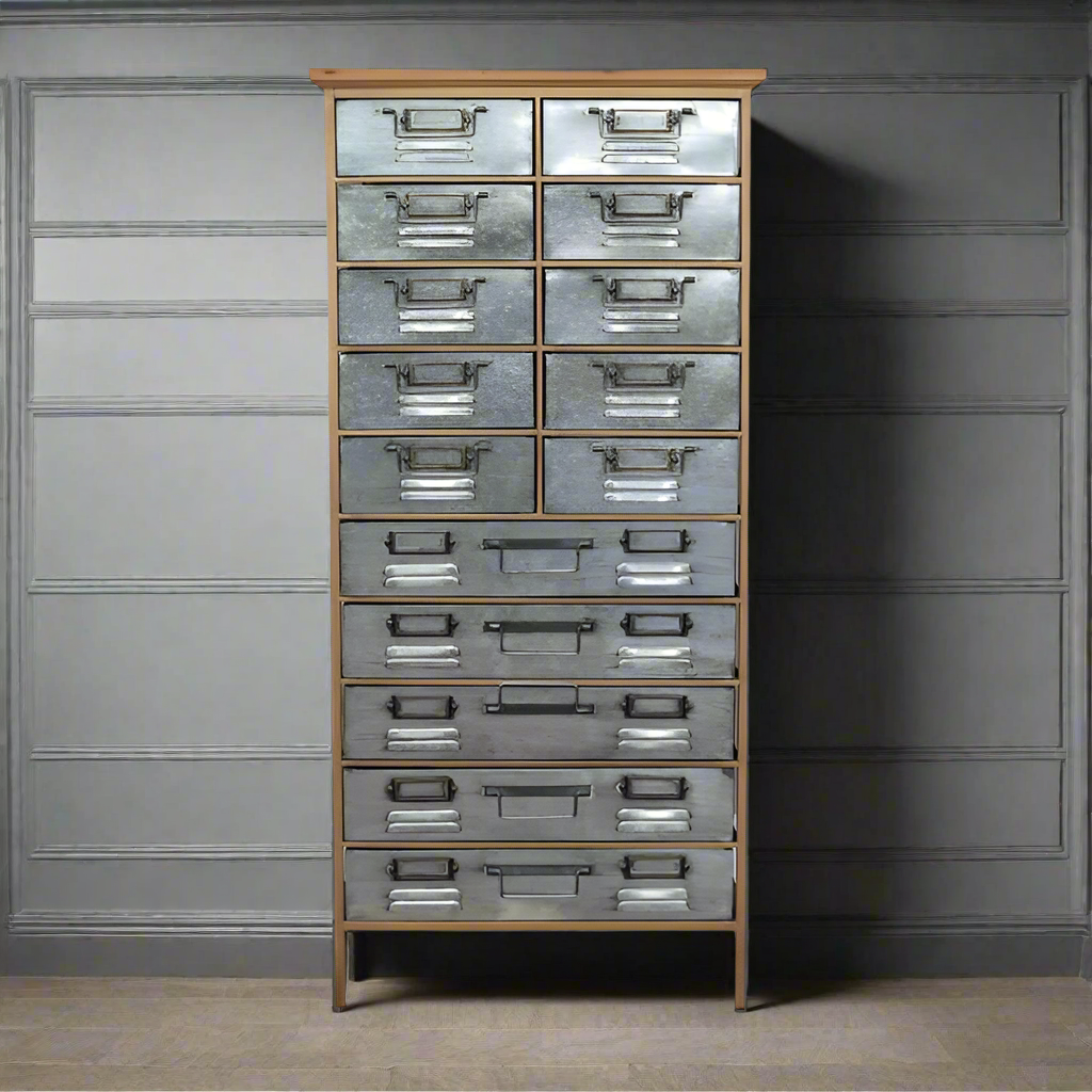 Amazing industrial back of drawers, wooden carcass with 10 smaller drawers over  5 larger drawers clad in metal, the epitome of industrial furniture, So useful with a designer edge to give a unique look in any space.