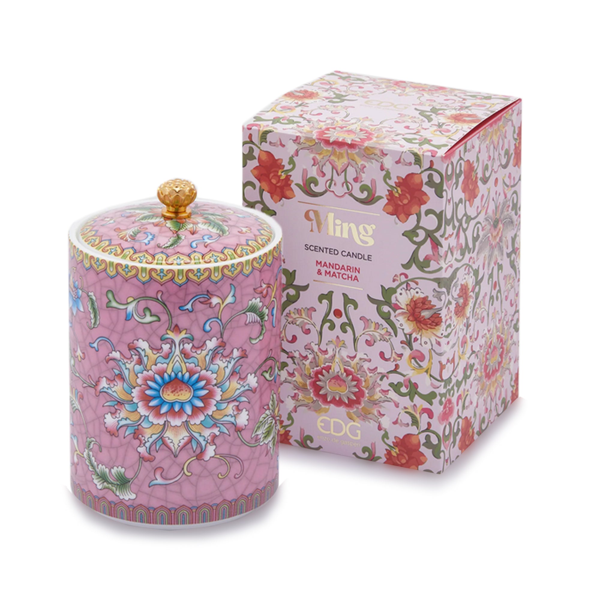 Handcrafted ceramic candle jar with ornate floral details and gold accents, scented with Mandarin and Matcha.