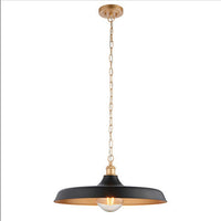 Modern pendant featuring a matt black finish in a chain. This wide disc pendant light is a striking, contemporary lighting fixture that combines sleek design with industrial charm. Its wide shape and the inner gold allows the soft light to spread evenly across any room. It is a very stylist and ideal for living rooms, bedrooms and kitchens