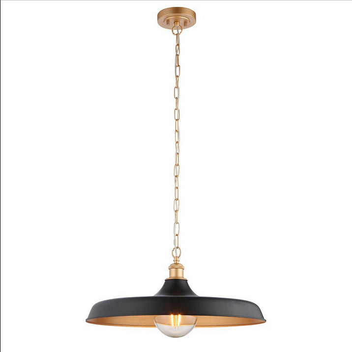 Modern pendant featuring a matt black finish in a chain. This wide disc pendant light is a striking, contemporary lighting fixture that combines sleek design with industrial charm. Its wide shape and the inner gold allows the soft light to spread evenly across any room. It is a very stylist and ideal for living rooms, bedrooms and kitchens