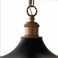 Modern pendant featuring a matt black finish in a chain. This wide disc pendant light is a striking, contemporary lighting fixture that combines sleek design with industrial charm. Its wide shape and the inner gold allows the soft light to spread evenly across any room. It is a very stylist and ideal for living rooms, bedrooms and kitchens