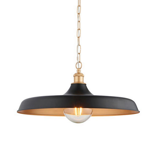 Modern pendant featuring a matt black finish in a chain. This wide disc pendant light is a striking, contemporary lighting fixture that combines sleek design with industrial charm. Its wide shape and the inner gold allows the soft light to spread evenly across any room. It is a very stylist and ideal for living rooms, bedrooms and kitchens