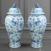These oversize Ginger Jars are decorated in the typical Chinese style, mythical dragons, lions andother creature. These ginger Jars are typical blue and white porcelain and are contructed in the original heavy duty porcelain to add to the authentic look. Perfect for a large hallway, on plinths or a console table in your living room, striking either side of a large fireplace.  A great country house piece, these Ginger Jars would  look just as amazing as a centrepiece in a contemporary setting, they
